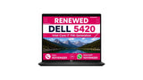 A black Dell 5420 laptop shown open against a plain white background, with a promotional screen graphic displaying 'RENEWED DELL 5420' and a mountain landscape.