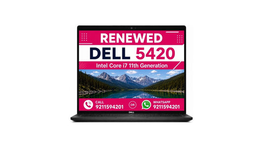 A black Dell 5420 laptop shown open against a plain white background, with a promotional screen graphic displaying 'RENEWED DELL 5420' and a mountain landscape.