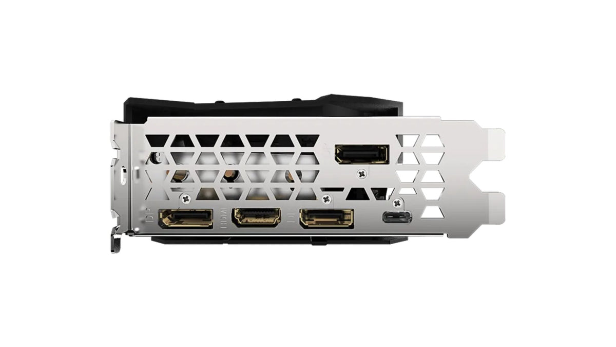 Computer graphics card with multiple ports on a white background