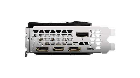 Computer graphics card with multiple ports on a white background