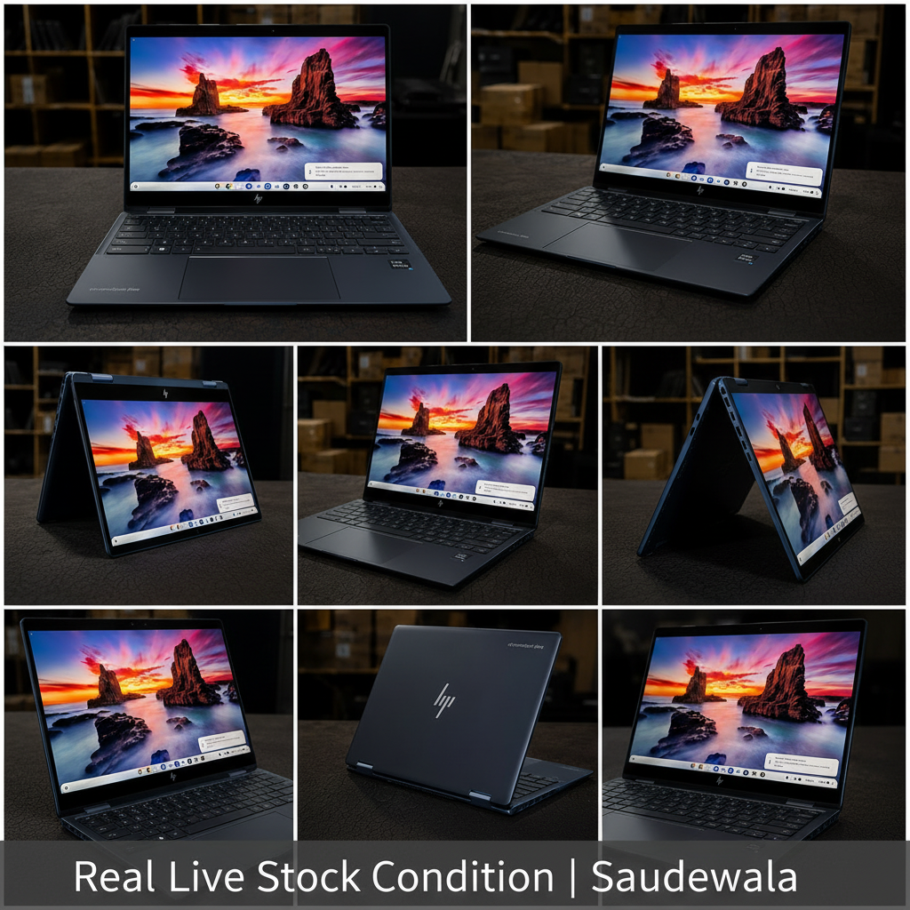 Collage of a laptop displaying a scenic wallpaper with HP branding.