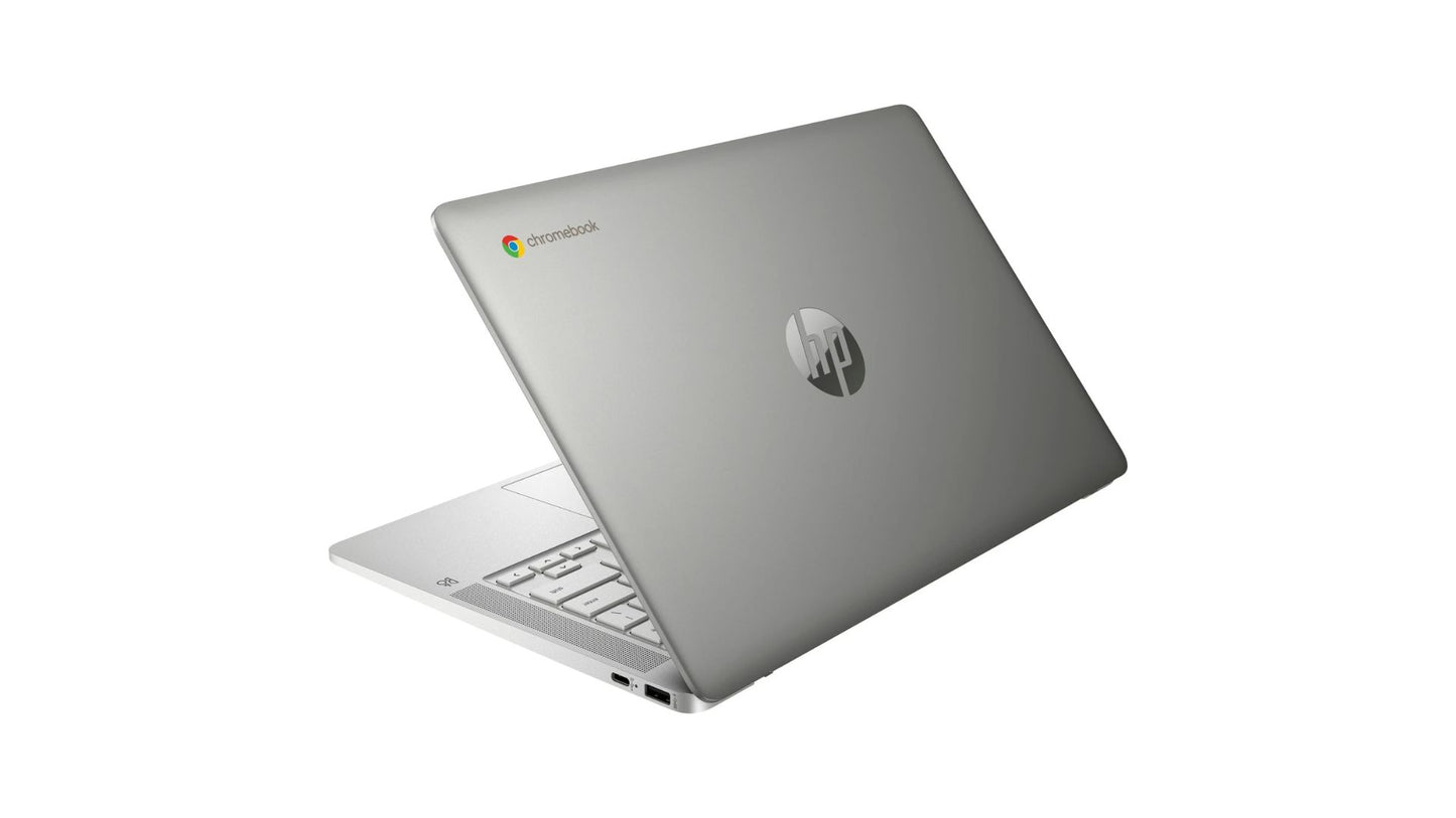HP Chromebook laptop in a silver aluminum finish, shown open at an angle against a plain white background. The HP logo is visible on the back of the lid, and the ChromeOS icon is near the top left.