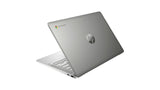 HP Chromebook laptop in a silver aluminum finish, shown open at an angle against a plain white background. The HP logo is visible on the back of the lid, and the ChromeOS icon is near the top left.
