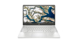 A silver HP Chromebook laptop with an open screen displaying a mountain and river landscape wallpaper, set against a plain white background.