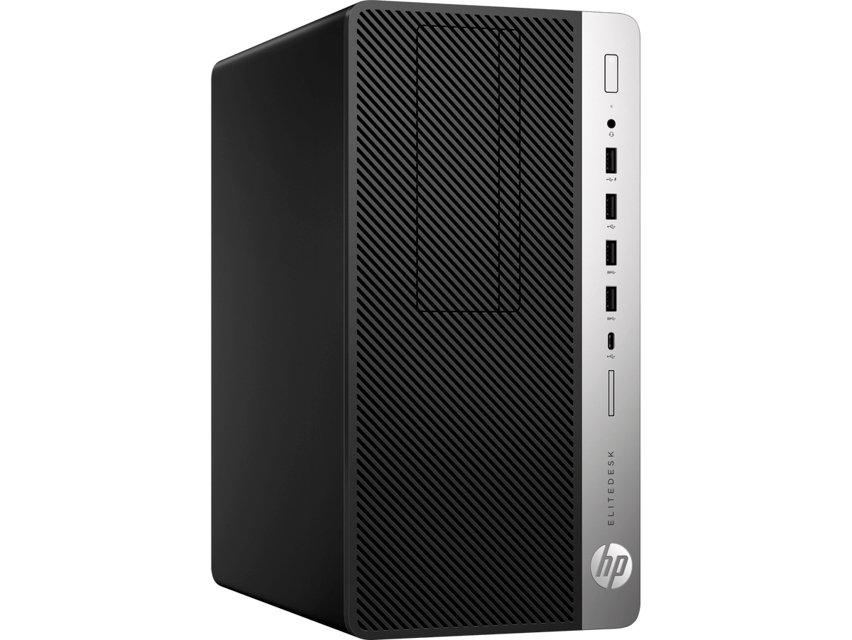 HP desktop computer tower on a black background
