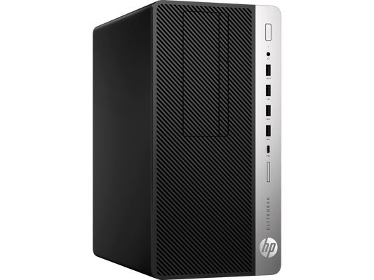 HP desktop computer tower on a black background