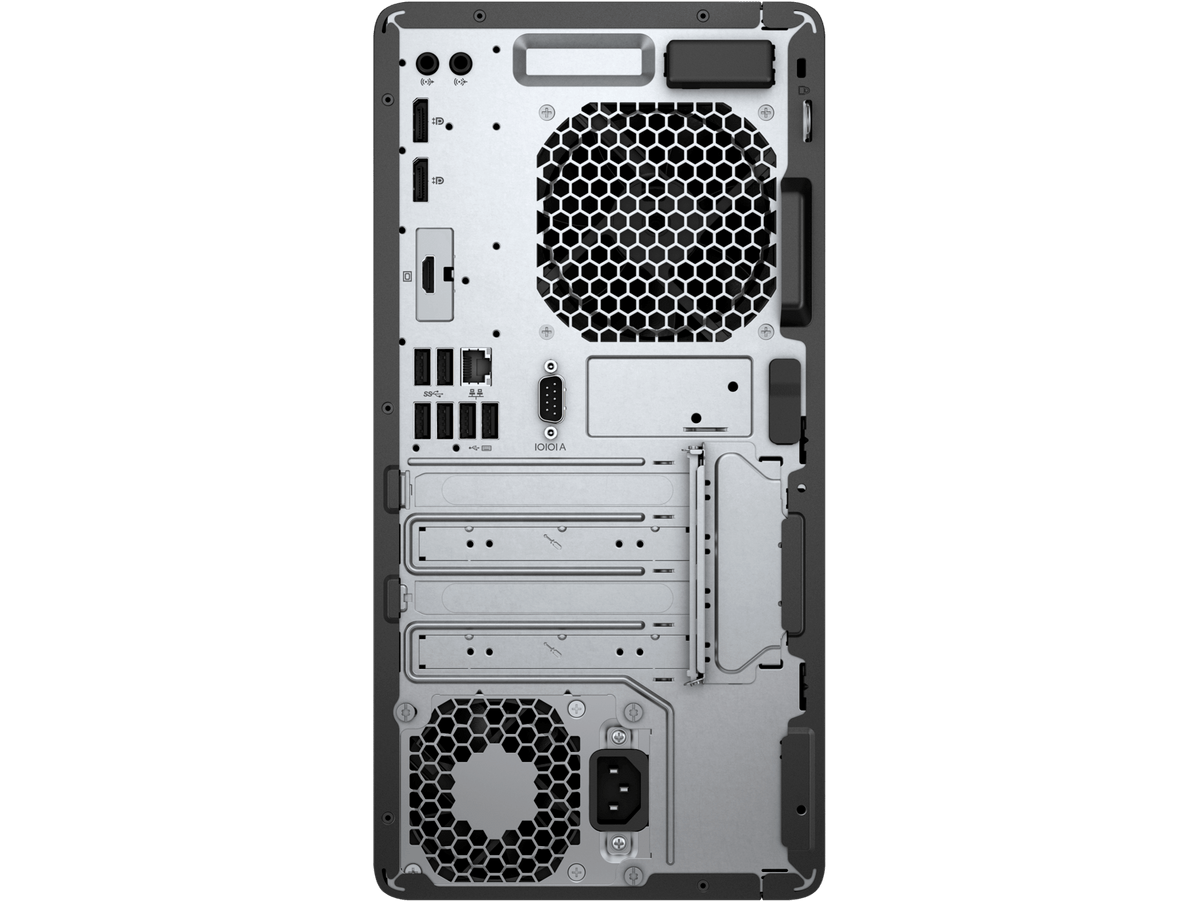 Back view of a computer case with multiple fans and ports on a white background