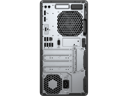 Back view of a computer case with multiple fans and ports on a white background