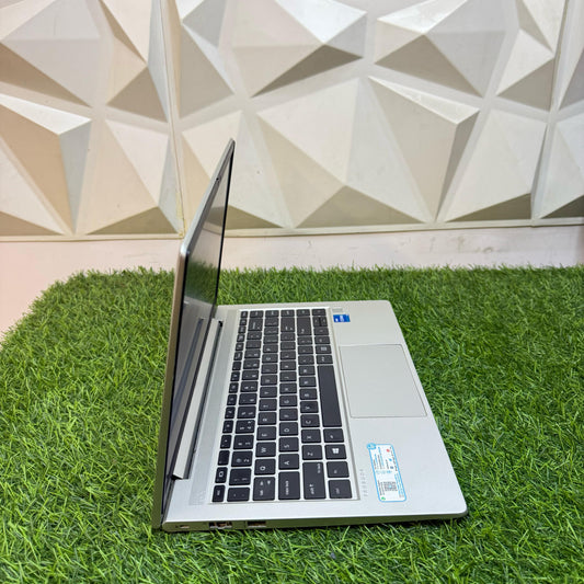 HP ProBook 440 G8 laptop with a silver color scheme, displayed on a grass-like surface against a geometric patterned backdrop.