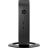 HP Thin Client T740 standing upright on a flat surface with its front panel visible, showing the HP logo, ports, and displays.