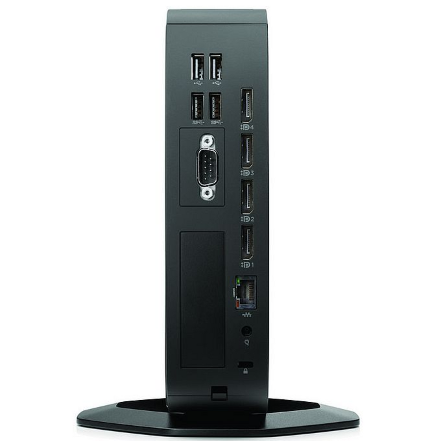 HP Thin Client T740 standing upright on a flat surface with its front panel visible, showing the HP logo, ports, and displays.