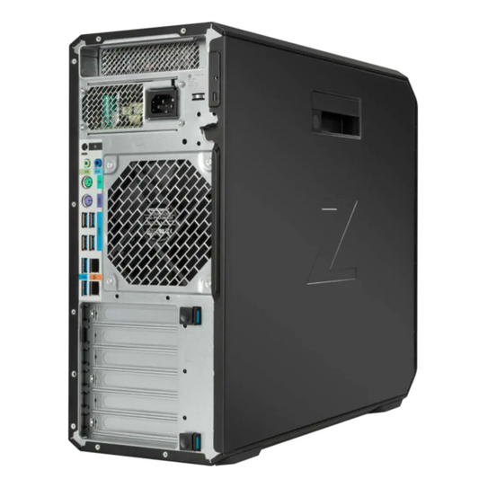 Black computer tower with visible branding on a white background