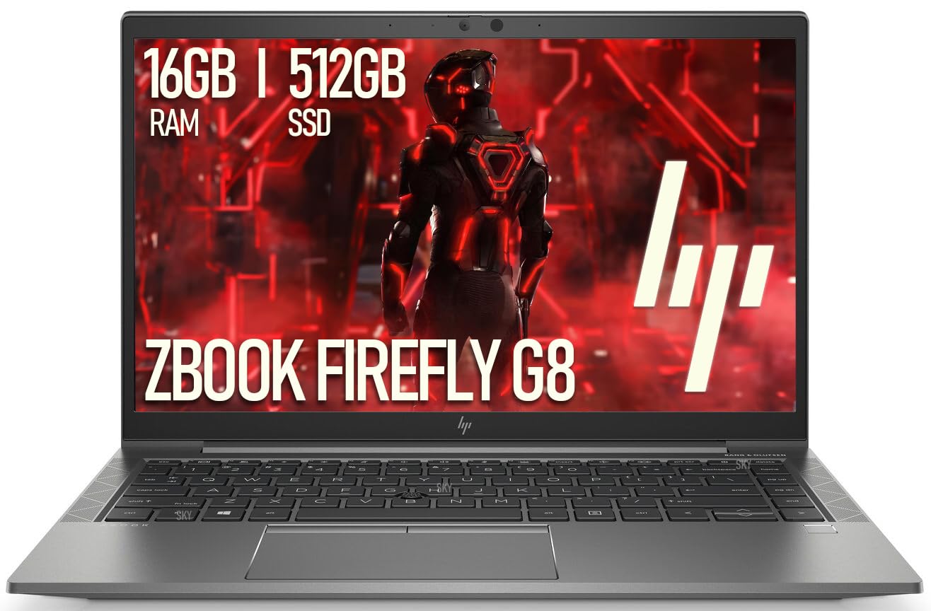 HP ZBook Firefly G8 laptop with specifications on the screen