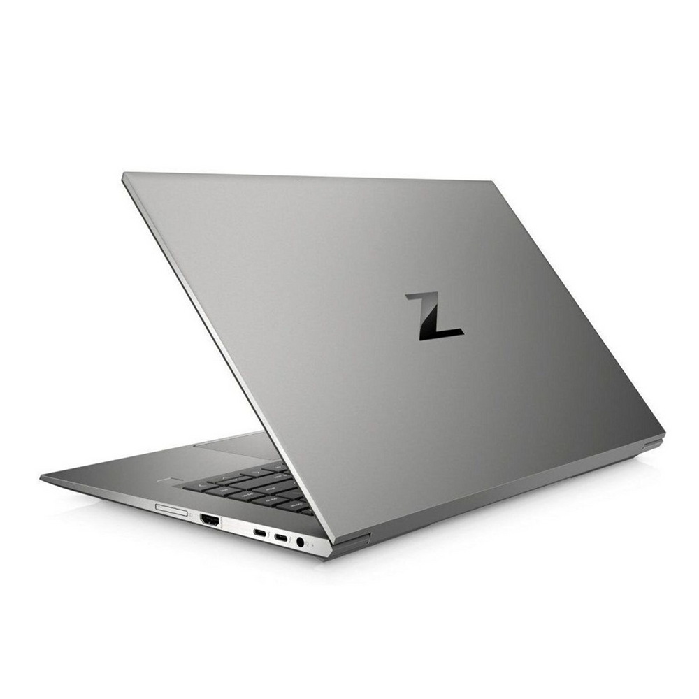 Silver laptop with a brand logo on a white background