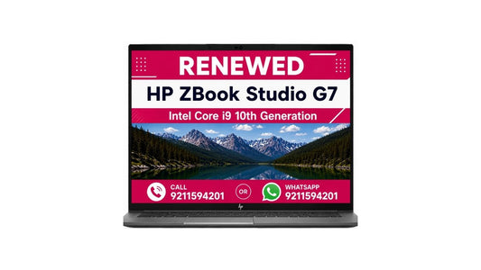 An open HP ZBook Studio G7 laptop shown on a plain white background, with a promotional screen overlay reading 'RENEWED' and product details including Intel Core i9 10th Generation.