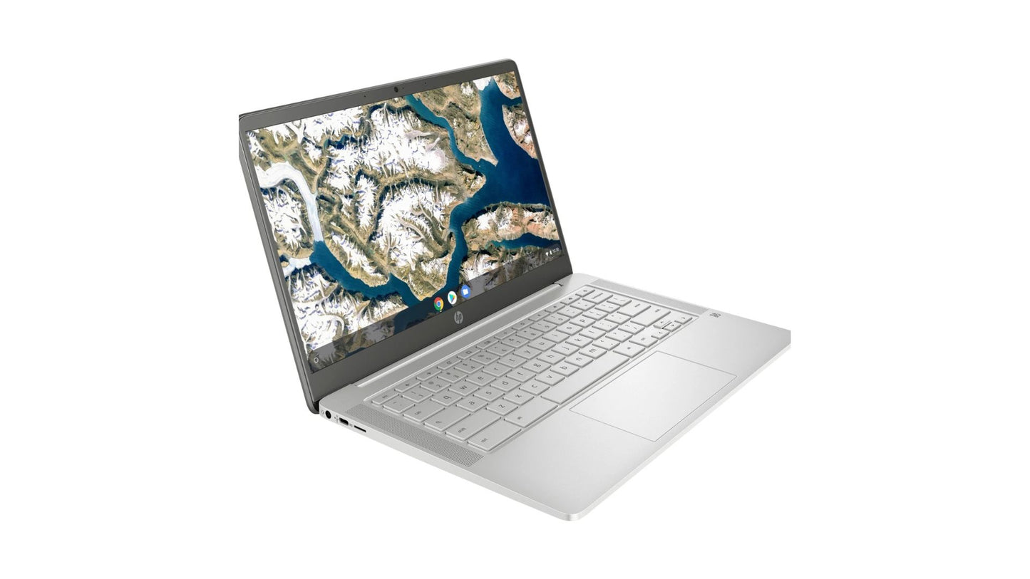 A silver HP laptop shown open at an angle against a plain white background, with a map-themed screen display.