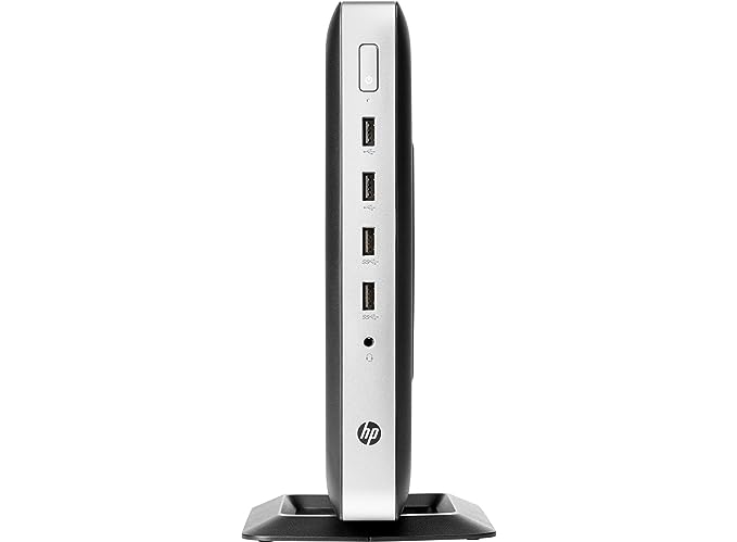 HP t630 Thin Client Computer standing vertically on a flat surface with multiple ports and a power button visible on the front.