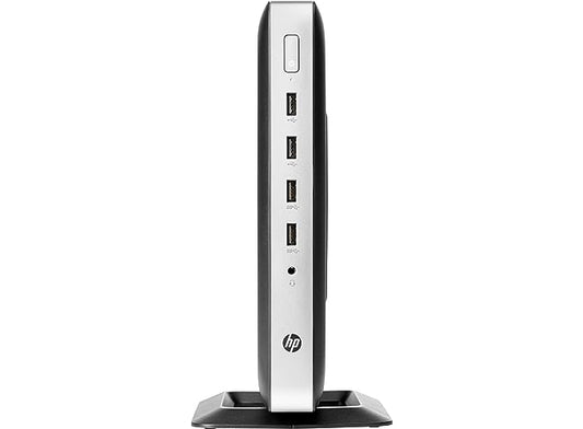 HP t630 Thin Client Computer standing vertically on a flat surface with multiple ports and a power button visible on the front.
