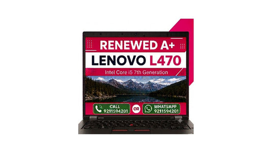 A black Lenovo L470 laptop shown open on a white background, with a promotional screen overlay reading 'RENEWED A+ LENOVO L470' and contact details.