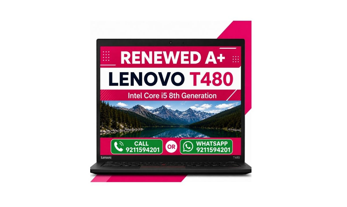 A black Lenovo T480 laptop shown open on a white background with a bright pink graphic accent behind it. The screen displays promotional text reading 'RENEWED A+ LENOVO T480' along with a mountain landscape wallpaper and contact details.