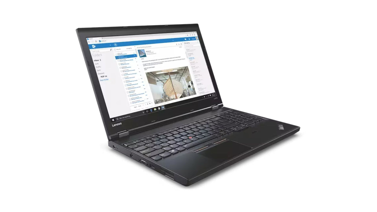 A black Lenovo ThinkPad laptop shown open at an angle on a clean white background, with the screen turned on and displaying a webpage.