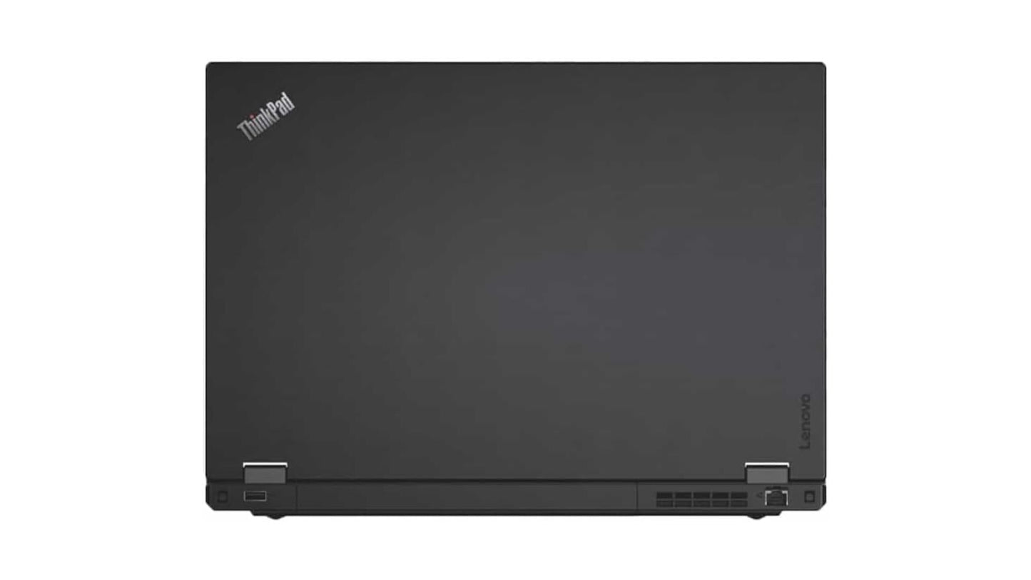 A closed black Lenovo ThinkPad laptop shown from the back, featuring the white Lenovo logo in the top-left corner, set against a plain white background.