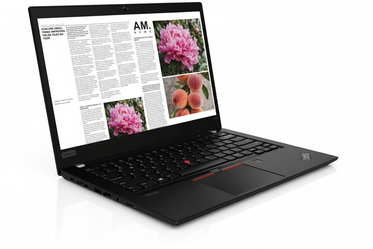 Black ThinkPad laptop open on a white background