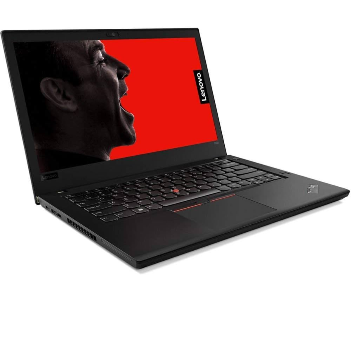 Lenovo ThinkPad laptop with a red and black design on the screen