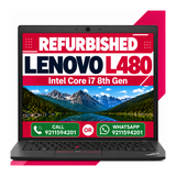 A refurbished Lenovo L480 laptop shown open against a white background with pink graphic accents. The screen displays a promotional graphic with the text 'REFURBISHED LENOVO L480 Intel Core i7 8th Gen' above a mountain lake landscape, with contact details for calling or WhatsApp.