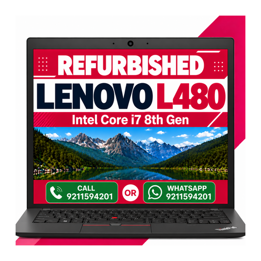 A refurbished Lenovo L480 laptop shown open against a white background with pink graphic accents. The screen displays a promotional graphic with the text 'REFURBISHED LENOVO L480 Intel Core i7 8th Gen' above a mountain lake landscape, with contact details for calling or WhatsApp.