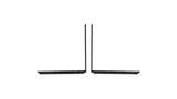 Two black computer monitors on a white background
