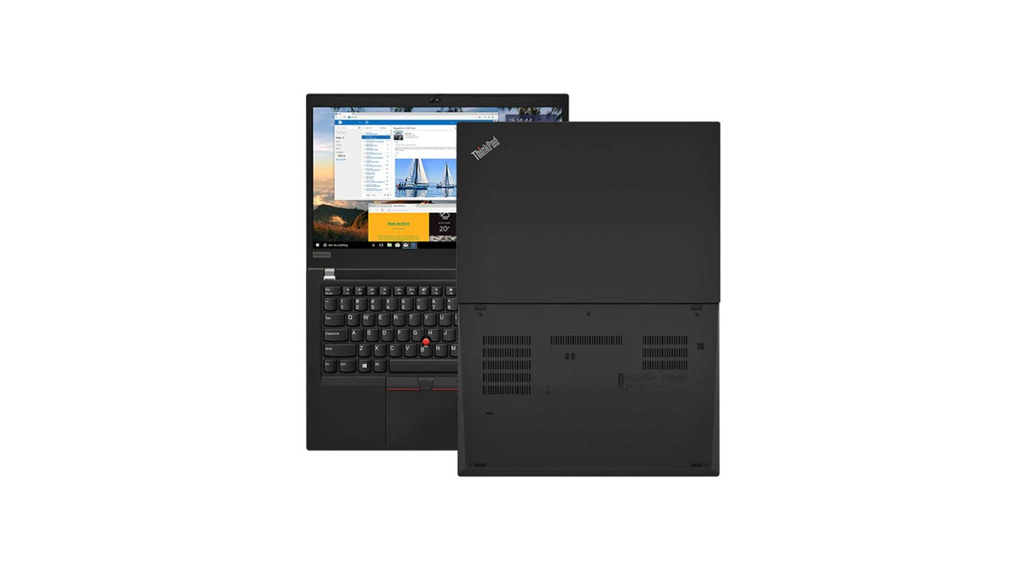 Black laptop with open lid showing screen and closed lid on a white background