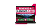 A black Lenovo T490 renewed A+ laptop shown open on a white background with a pink promotional graphic behind it. The screen displays a mountain landscape wallpaper and text including 'RENEWED A+ LENOVO T490' and contact details.