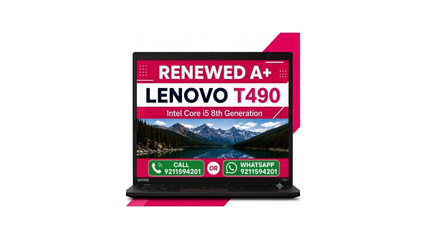 A black Lenovo T490 renewed A+ laptop shown open on a white background with a pink promotional graphic behind it. The screen displays a mountain landscape wallpaper and text including 'RENEWED A+ LENOVO T490' and contact details.