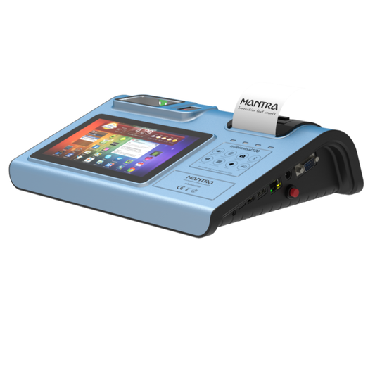 Blue electronic device with a screen and card reader on a white background