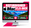A refurbished Apple iMac 21.5-inch Retina 4K computer shown on a white background with bright pink graphic accents.