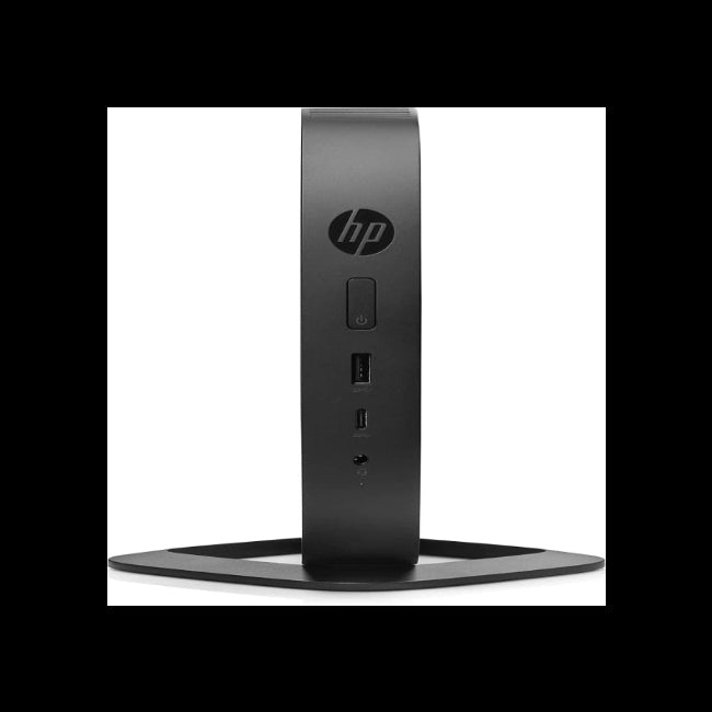 HP desktop computer stand in matte black, featuring the HP logo and front ports, shown on a white background with a black border.