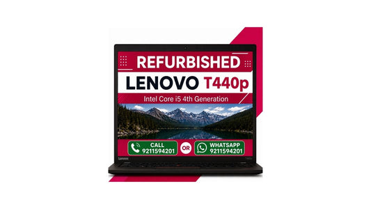 A refurbished Lenovo T440p laptop shown open on a white background with a red and black promotional graphic overlay on the screen and behind it.