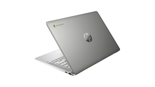 HP Chromebook laptop in a silver aluminum finish, shown open at an angle against a plain white background. The HP logo is visible on the back of the lid, and the ChromeOS icon is near the top left.