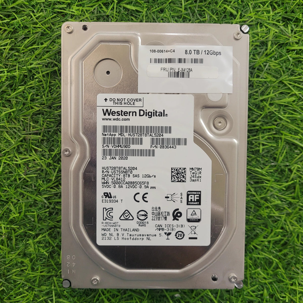Western Digital 8TB SAS 3.5 inch hard disk placed on a grassy surface.