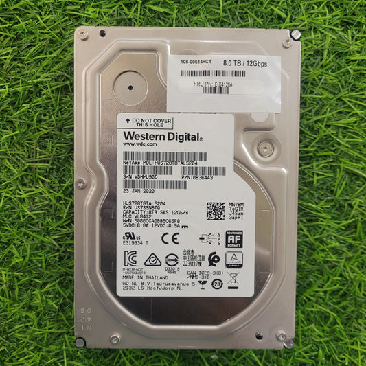 Western Digital 8TB SAS 3.5 inch hard disk placed on a grassy surface.