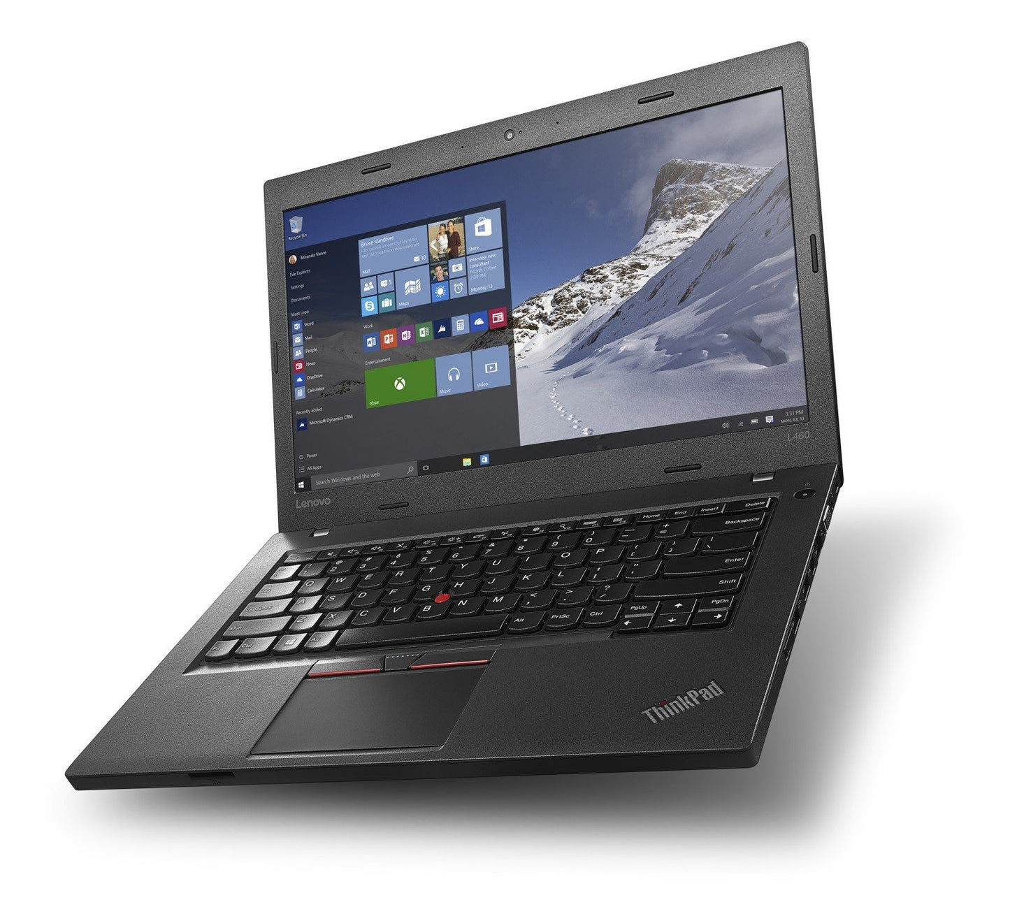 Lenovo ThinkPad L460 laptop with a black color scheme, featuring a 14-inch screen displaying Windows 10 interface, positioned flat.