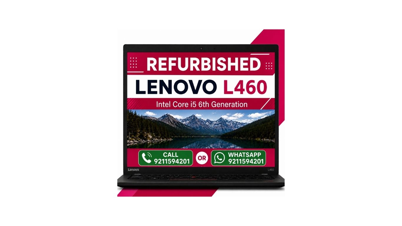 A refurbished Lenovo L440 laptop shown open on a white background with a pink and red promotional graphic behind it. The screen displays text reading 'REFURBISHED LENOVO L440' along with contact icons.