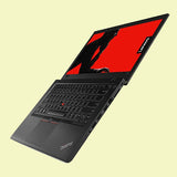 Lenovo ThinkPad T480 laptop with a 14 inch Full HD display, Intel Core i5 processor, and a black color scheme, displaying a red screen with a profile picture on the screen's background.