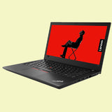 Lenovo ThinkPad T480 laptop with a 14 inch Full HD display, Intel Core i5 processor, and a black color scheme, displaying a red screen with a profile picture on the screen's background.